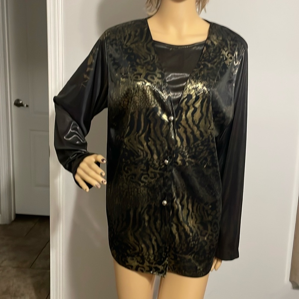 Vintage 80’s Silver Threads black and gold metallic blouse with attached vest M